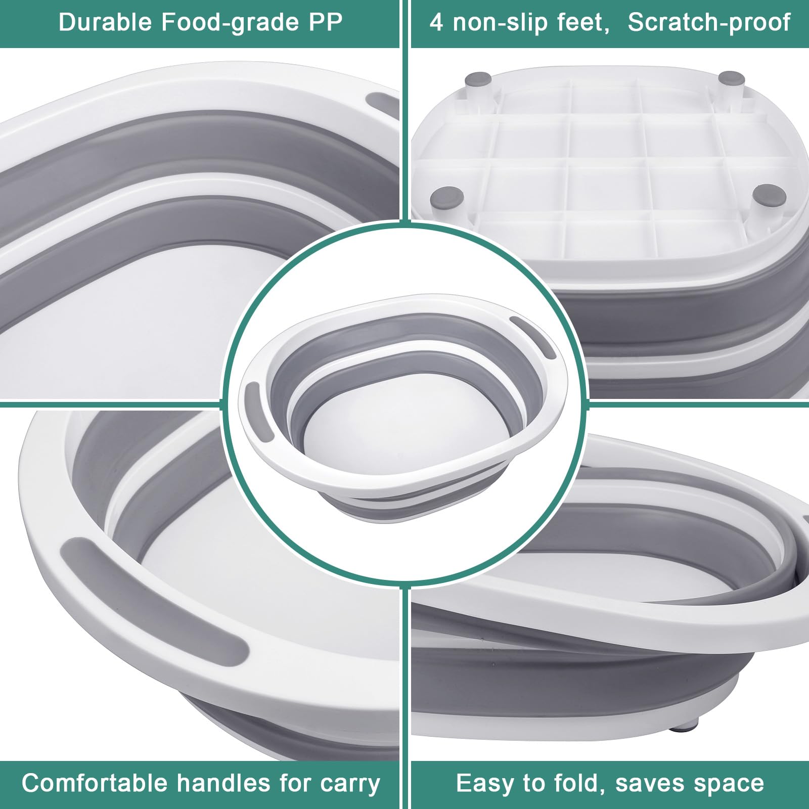 Collapsible Wash Basin 2 Pack - 7.5L Foldable Dish Tub & Cutting Board Combo for Kitchen Sink, Camping, RV - Green & Gray Dishpan for Washing, Food Prep, and Outdoor Use