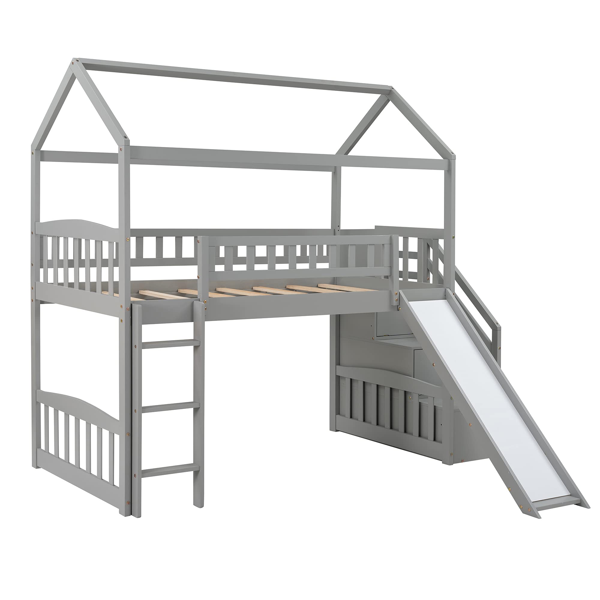 Twin Loft Bed with Slide, Stairs & 2 Drawers - Kids & Teens House Bed Frame for Bedroom (Grey) - Perfect for Small Spaces & Shared Kids' Rooms
