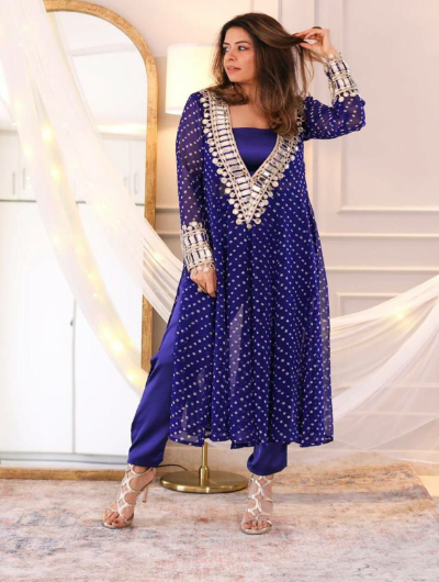 Stylish Bandhani Print Chiffon Silk Kurti Pant Set for Women | Traditional Indian Ethnic Wear | Perfect for Festivals, Weddings & Parties