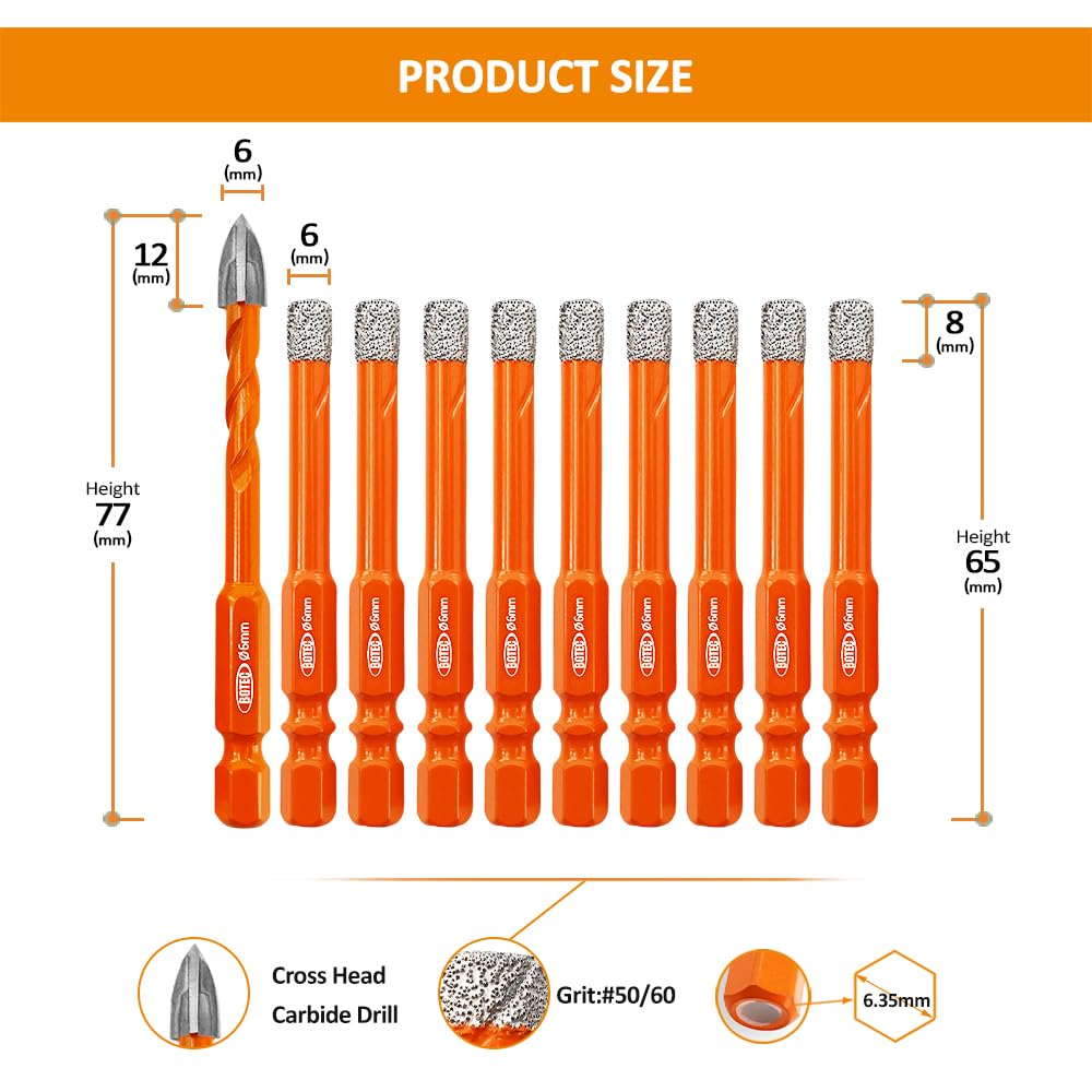 BGTEC 10-Piece Diamond Drill Bit Set with Quick Change Hex Shank - 1/4