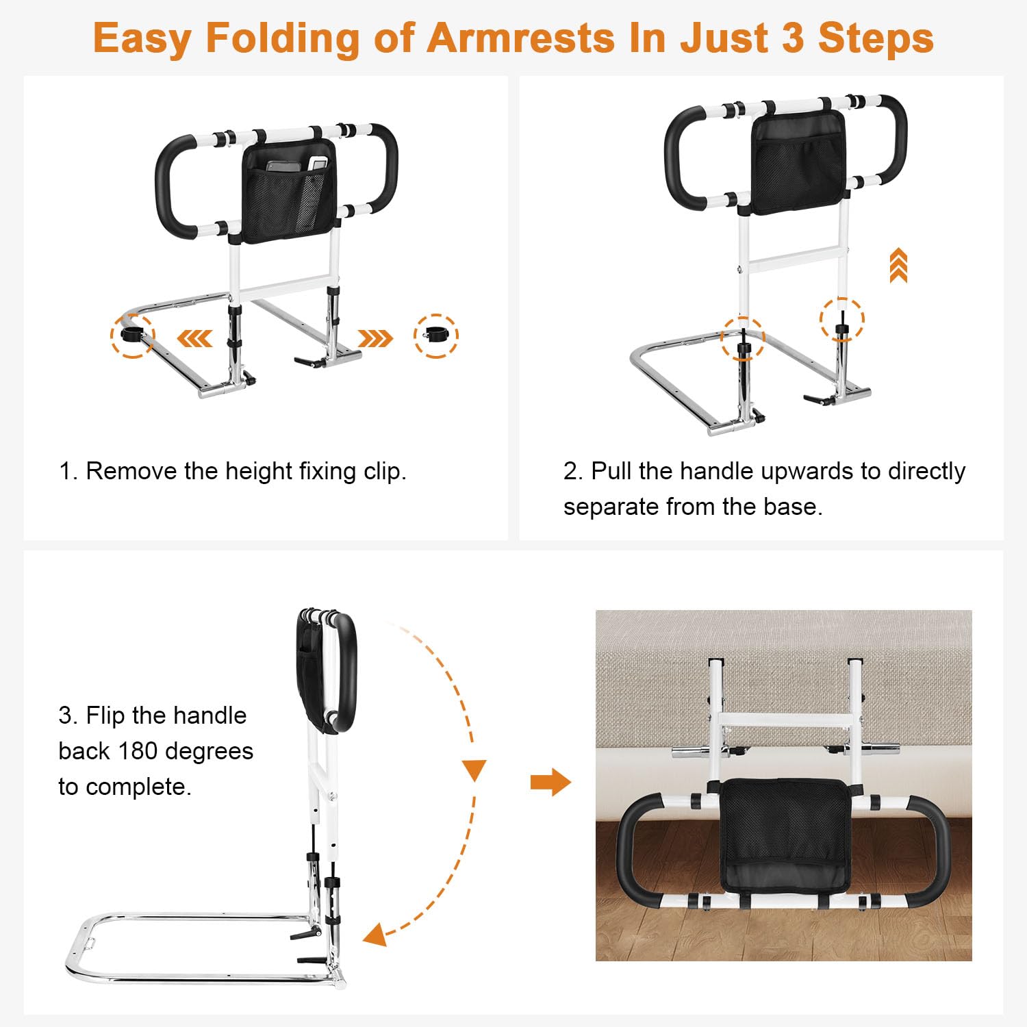 Foldable Retractable Bed Assist Rail for Elderly - Adjustable Height Safety Rail with Dual Grab Bars & Storage Pocket - Fits Medical, Queen & Twin Beds - Ideal for Home Care & Senior Safety