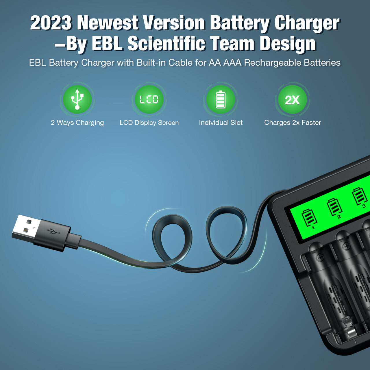 EBL 8 Bay LCD AA AAA Battery Charger with USB Built-in Cable - Fast Charging for Rechargeable Batteries, Universal Power Solution for Cameras, Toys, Flashlights & Electronics