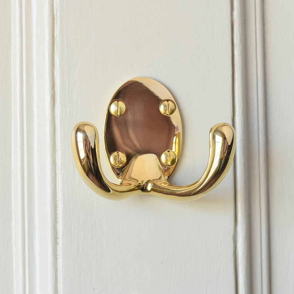 Polished Brass Double Wardrobe Hook - Heavy Duty Large Coat Hooks for Closet, Bathroom & Entryway - Rust-Resistant Wall Mounted Organizer for Hats, Robes & Bags