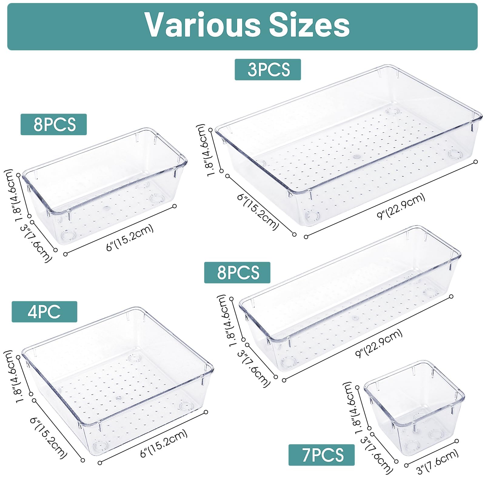 WOWBOX 30-Piece Clear Plastic Drawer Organizer Set - 5 Sizes for Makeup, Jewelry & Gadgets Storage | Perfect for Kitchen, Bedroom, Bathroom & Office Organization | Space-Saving Drawer Dividers & Storage Bins