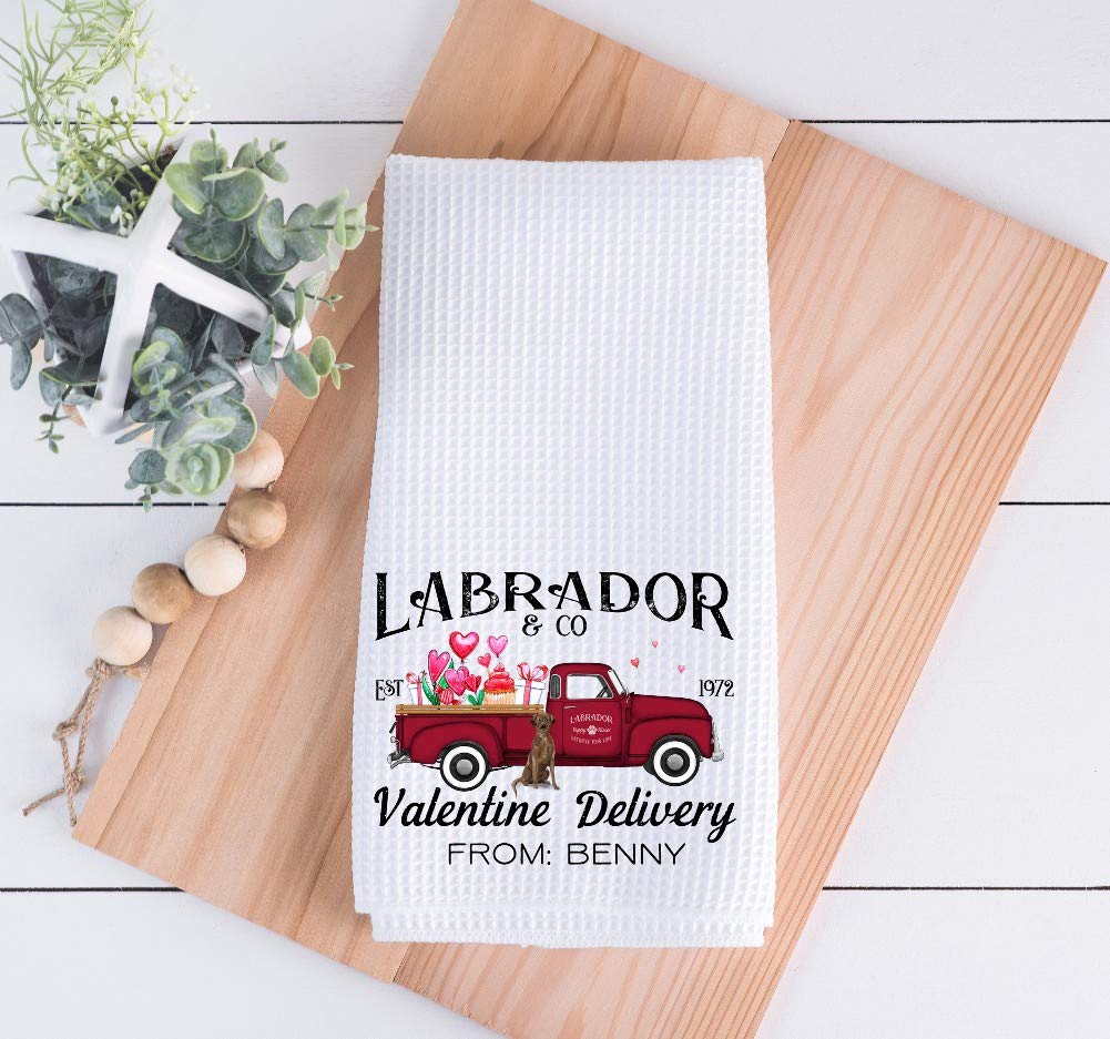 Personalized Chocolate Labrador Retriever Valentine Truck Kitchen Towel - 16