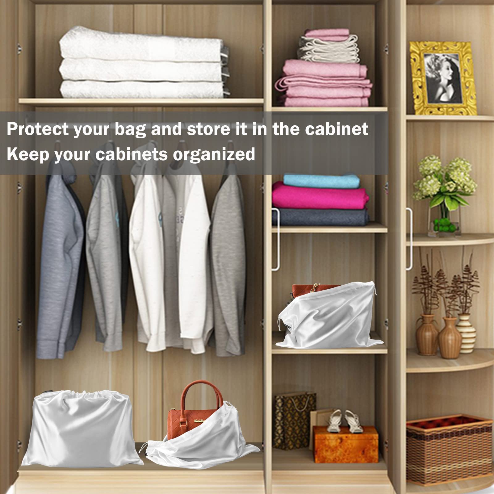 12 Pcs Satin Dust Bags for Purses & Handbags with Drawstring Closure - Premium Handbag Protector & Storage Organizer (White) - Perfect for Travel, Closet Organization & Luxury Bag Protection