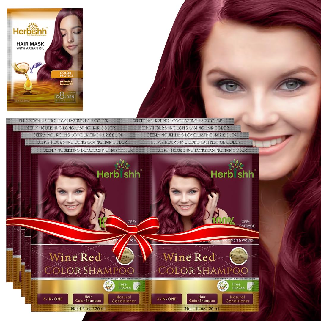 Herbishh Hair Color Shampoo - Natural Gray Hair Dye with Argan Oil Mask, Ammonia-Free Permanent Tint for Women & Men, Travel Size (10+1 Pack, Wine Red) - Quick & Easy Home Hair Coloring Solution for Salon-Like Results