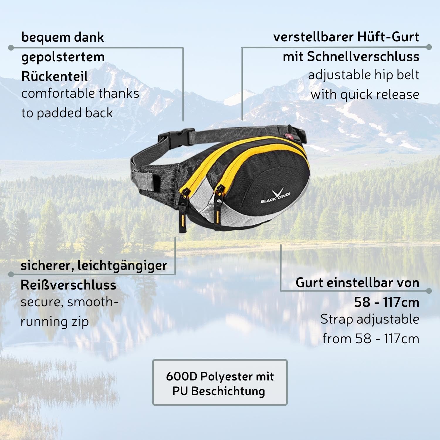 BLACK CREVICE Waist Bag for Men & Women - Adjustable Strap & Padded Back with 2 Zip Pockets - Sport Waist Pack in 4 Colors | Perfect for Running, Hiking, Travel & Everyday Use