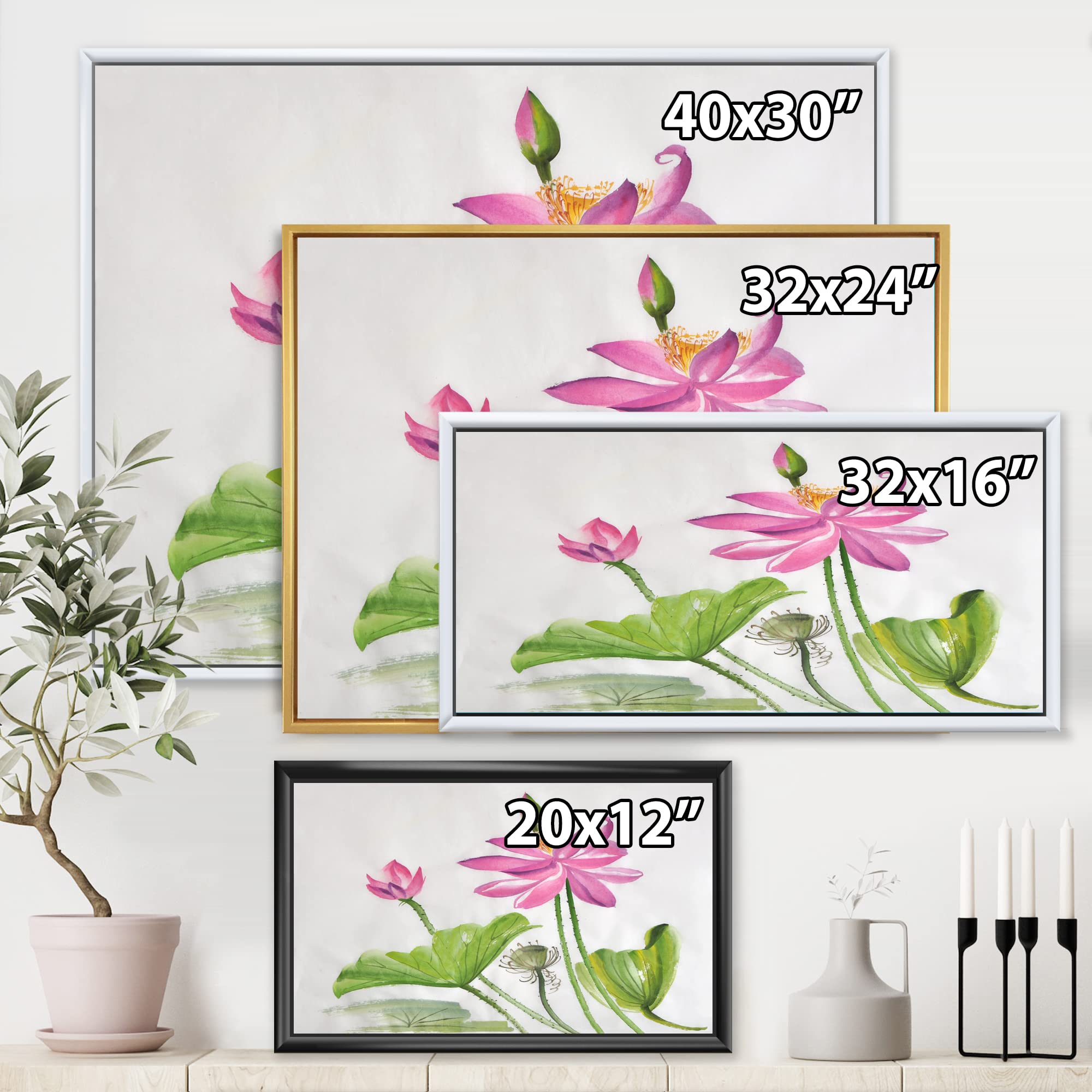 Two Pink Lotus Flowers Framed Canvas Wall Art Print - Traditional Asian Home Decor for Living Room, Bedroom & Office
