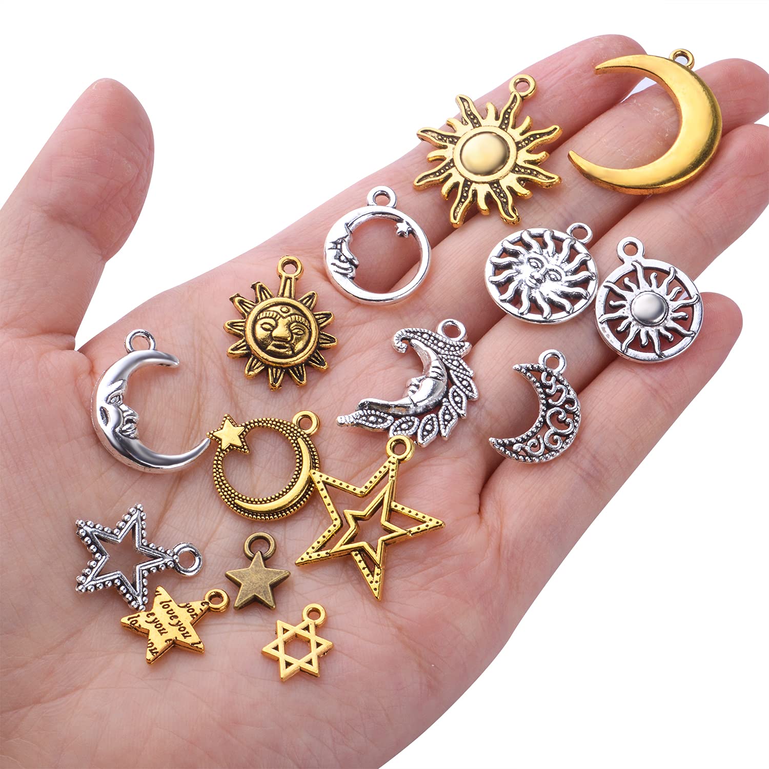 BronaGrand Celestial Pendant Charms - Sun, Moon, Star & Cloud Charms with Lightning Bolt Design for Necklace, Earrings & Bracelet Making | DIY Jewelry Crafting & Bohemian Style Accessories