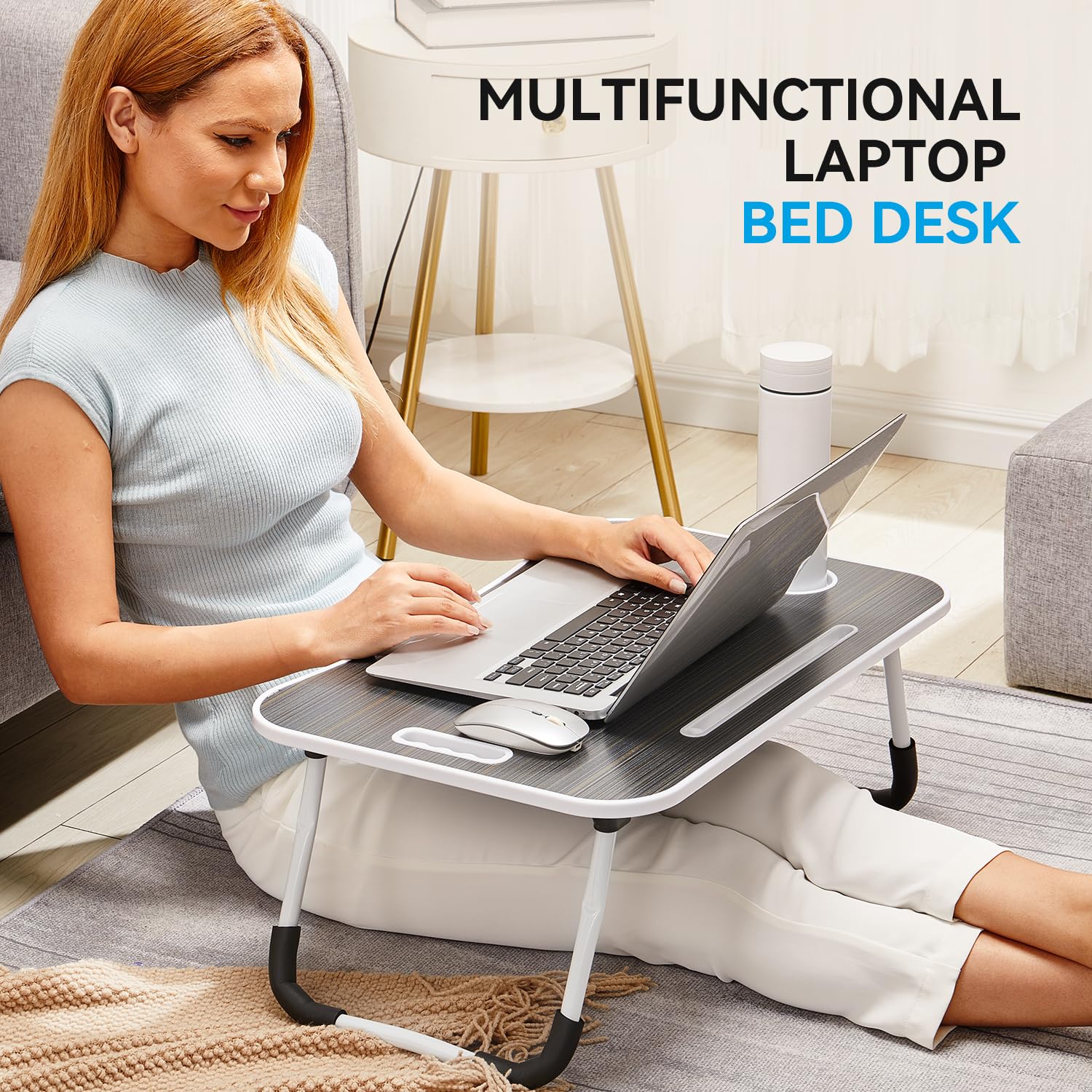 Folding Lap Desk 23 Inch - Portable Wood Laptop Tray with Cup Holder for Work, Study, Eating & Watching Movies in Bed, Sofa or Floor