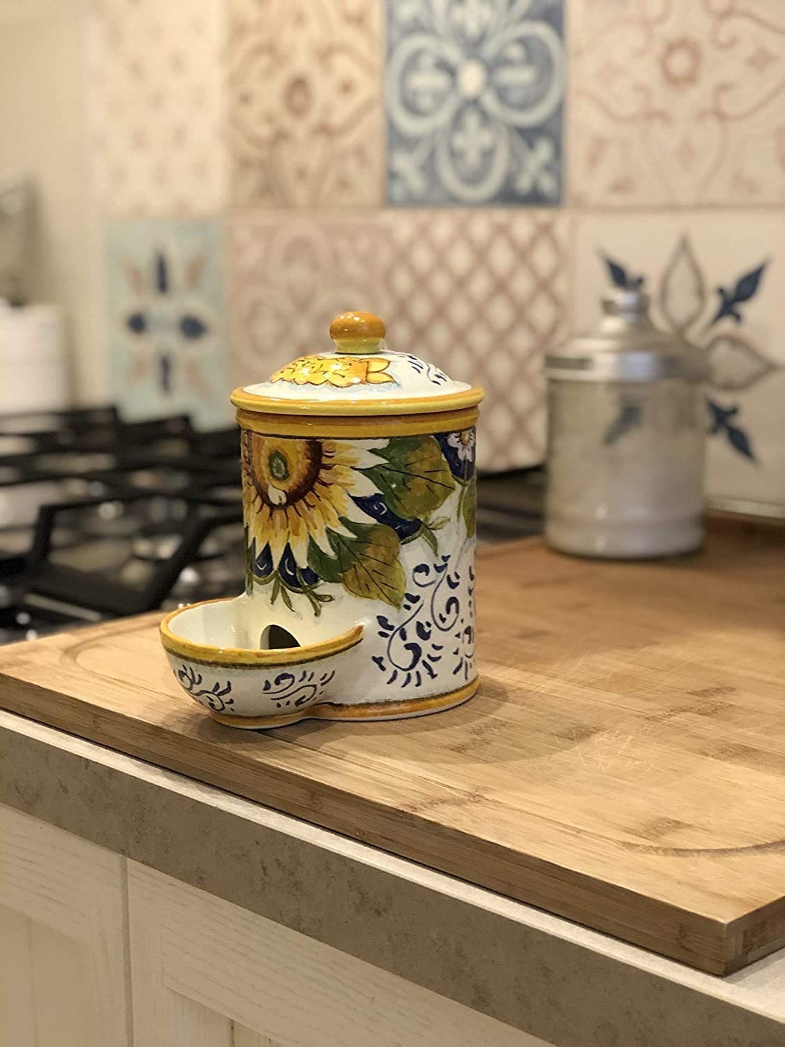 Hand-Painted Italian Ceramic Jar - Tuscan Sunflower Landscape Salt Holder | Artisanal Tuscan Pottery Made in Italy | Perfect for Kitchen Decor & Tabletop Display