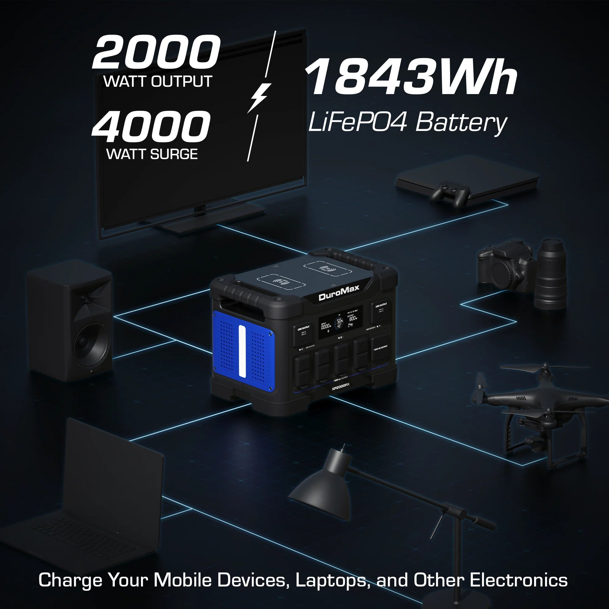 DuroMax XP2000PX 2000W Portable Power Station with 1843Wh LiFePO4 Battery - 30A Output for Camping, RV Trips & Emergency Backup Power