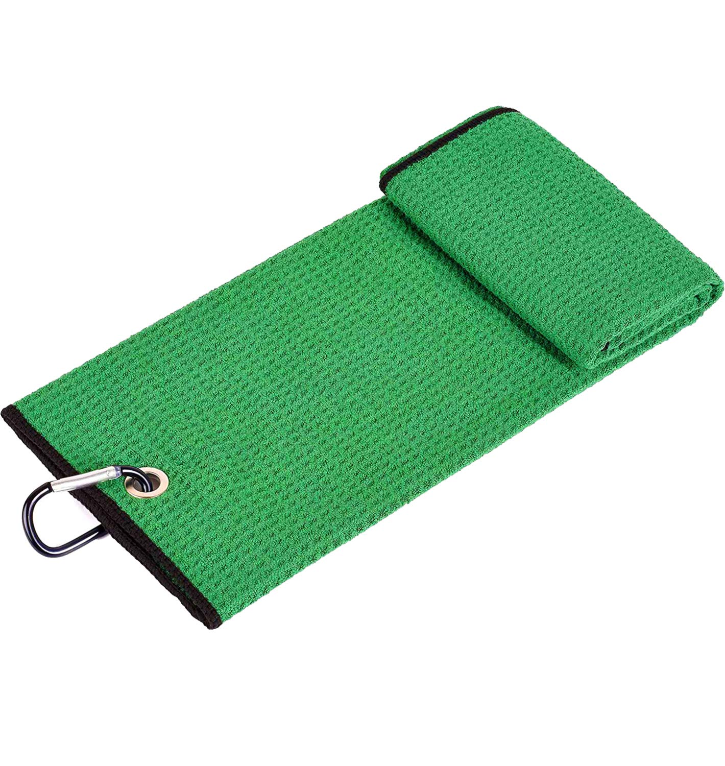 Premium 2-Pack Tri-Fold Golf Towels - Super Absorbent Microfiber Waffle Pattern with Heavy Duty Carabiner Clip - Green Golf Accessories for Men - Perfect for Golf Bags, Clubs & On-Course Use