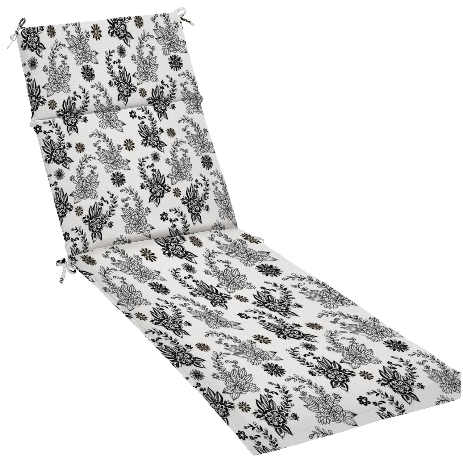 Water-Resistant Outdoor/Indoor Chaise Lounge Cushion - Black & White Floral Pattern - Seamless Patio Furniture Seat Cushion for Poolside, Deck, Sunroom & Garden Relaxation