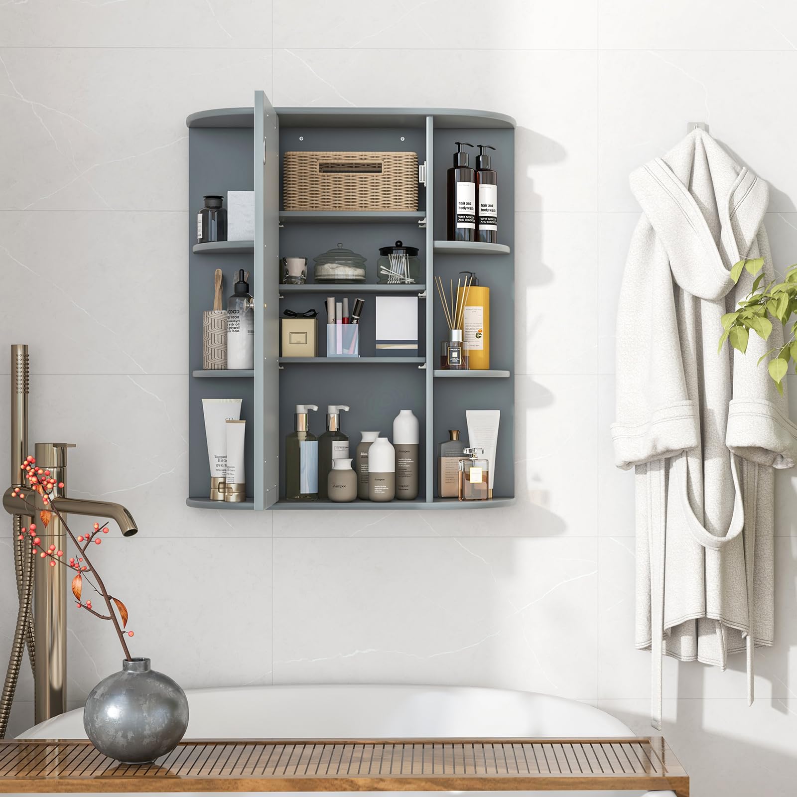 Tangkula Wall Mounted Bathroom Medicine Cabinet with Mirror Door - Adjustable Shelves, Removable Storage for Bathroom, Living Room & Laundry Room - Space Saving Grey Wooden Cabinet (Perfect for Small Spaces & Organized Storage)