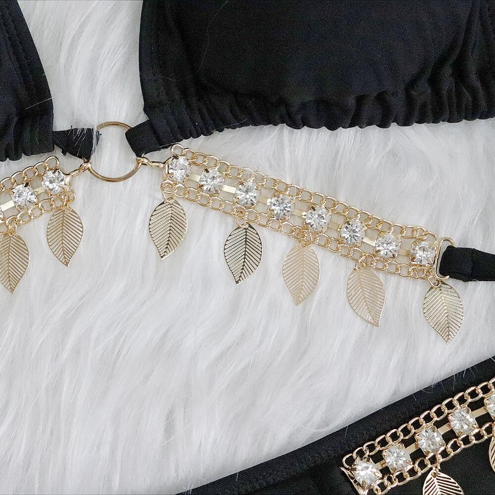 Sexy Rhinestone Leaf Pendant Bikini Set - Women's Metal Chain Solid Swimwear Bathing Suit for Beach, Pool Party & Summer Vacation