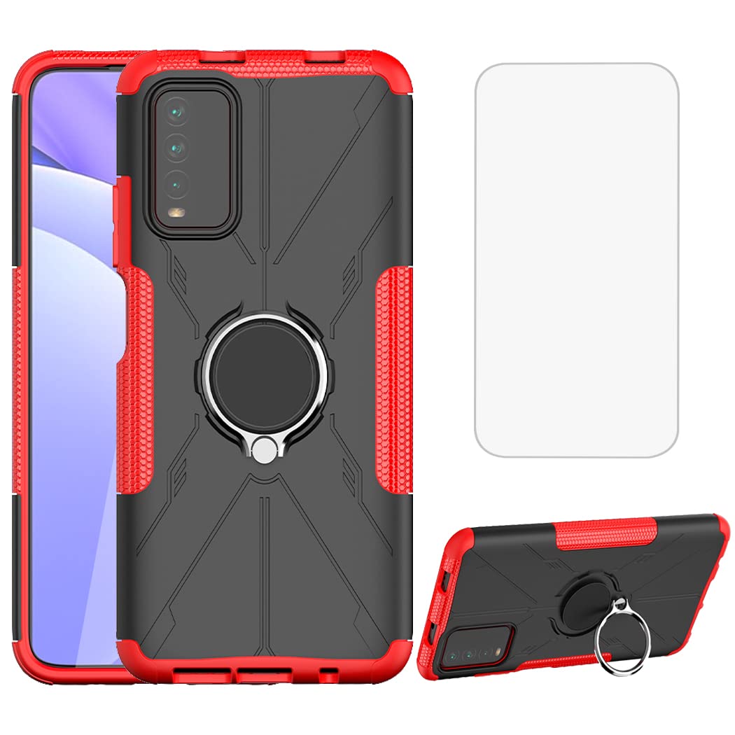 Premium Shockproof Phone Case for Redmi 9T/Poco M3/Redmi Note 9 4G M2010J19SL - Includes Tempered Glass Screen Protector & 360° Rotating Metal Ring Holder Kickstand - Durable Protection Cover for Xiaomi Redmi 9T (Red) - Perfect for Work, Travel & Outdoor Activities