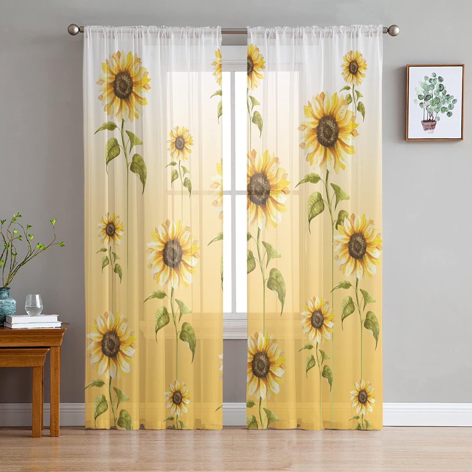 Sunflower Curtains Panels Set - Yellow Sheer Rod Pocket Kitchen Drapes for Privacy & Decor, Voile Window Curtains for Living Room, Bedroom, Summer Floral Home Decor, 52