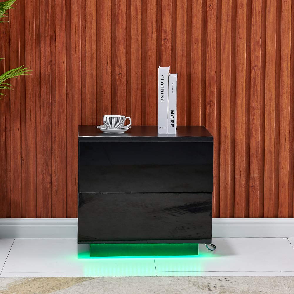 Belifeglory 2-Drawer High Gloss Nightstand with LED Light - Modern Bedside Table, End Table for Bedroom, Living Room & Office - Stylish Storage Cabinet with Soft Glow Lighting