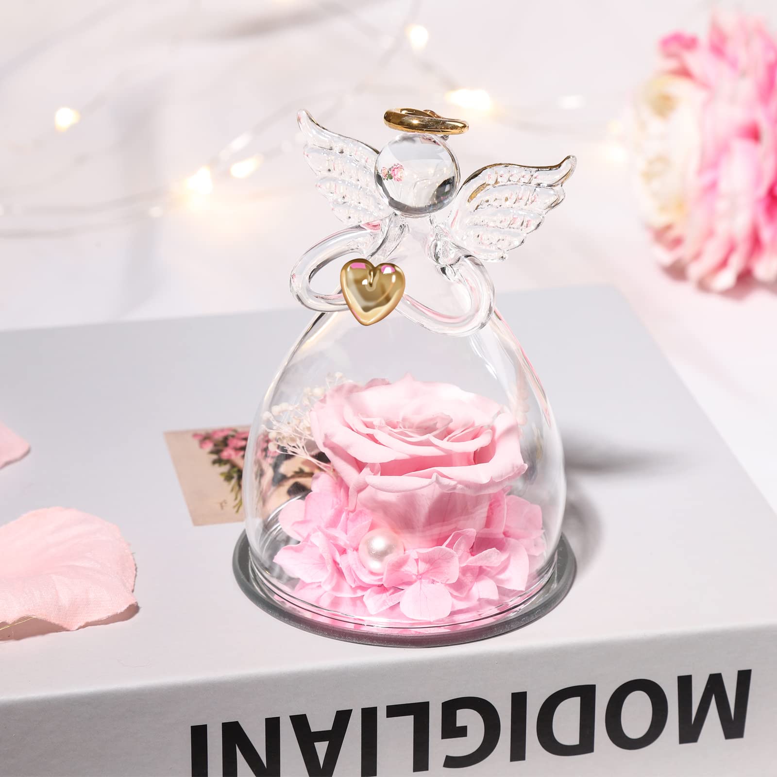 Mother's Day Angel Gift for Mom - Glass Angel Statue with Preserved Rose Flower, Birthday Gifts for Women, Grandma | Perfect for Home Decor, Wedding Centerpiece & Special Occasion Presents