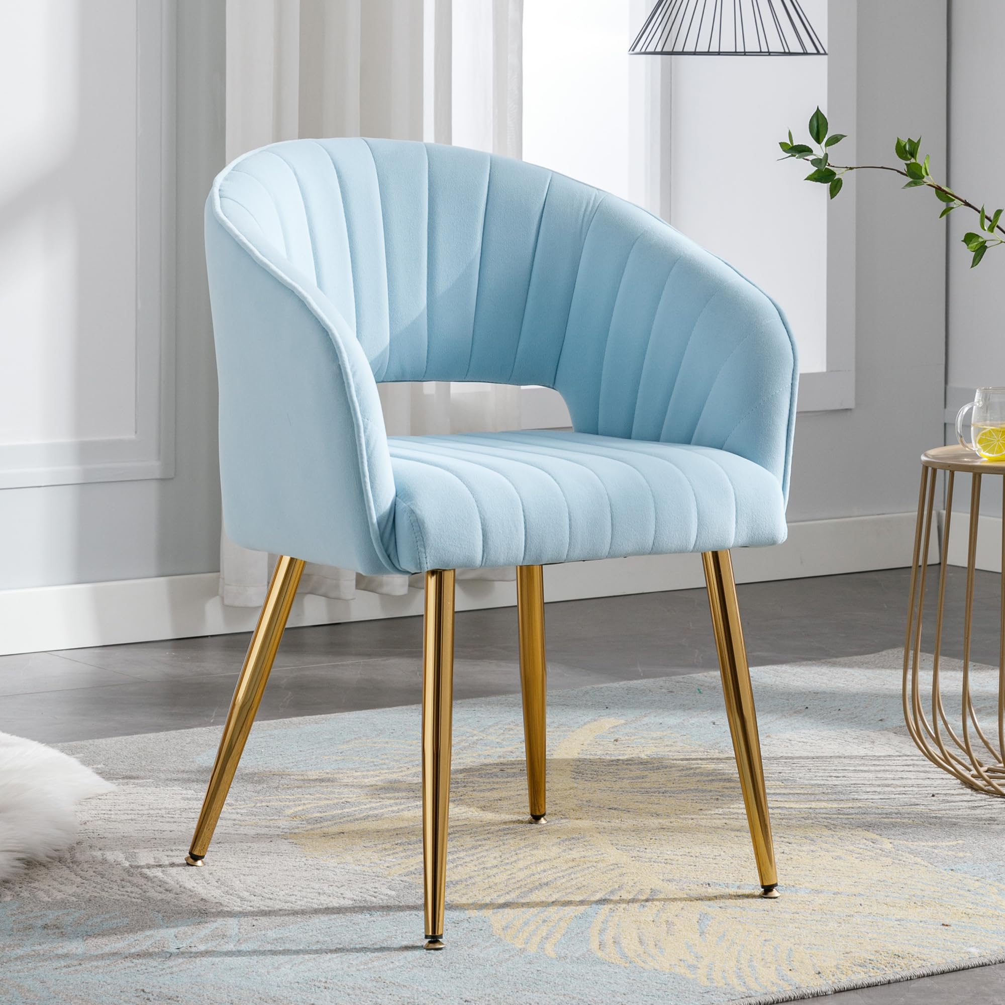 Velvet Tufted Desk Chair with Gold Legs - Ergonomic Home Office Chair for Women, Modern Upholstered Accent Armchair, Comfortable Study & Computer Task Stool - Perfect for Home Office, Living Room & Dorm (Blue)