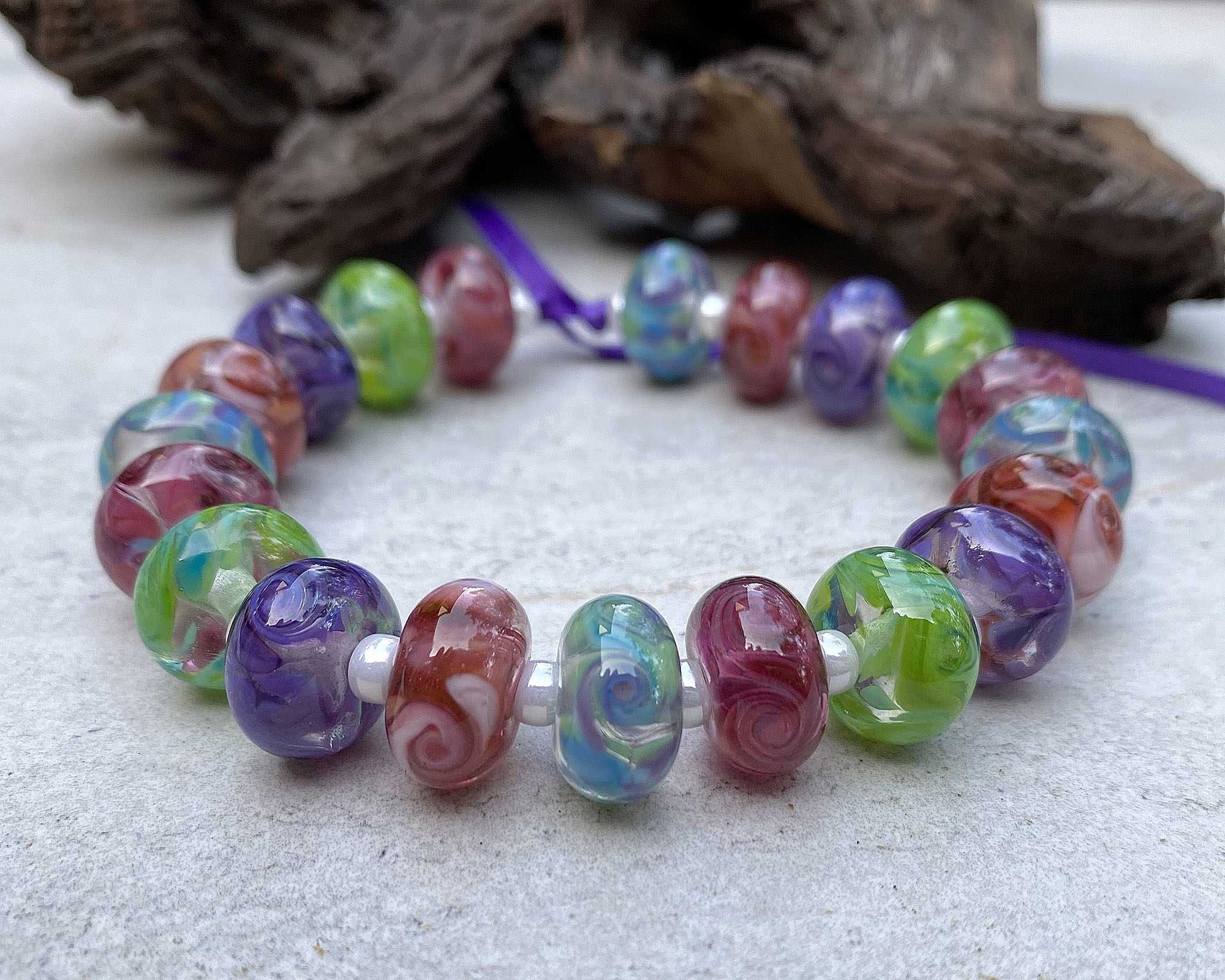 Vibrant Purple, Pink, Green & Blue Swirl Lampwork Glass Beads Set for Jewelry Making - DIY Bracelets, Necklaces & Craft Projects (SRA)