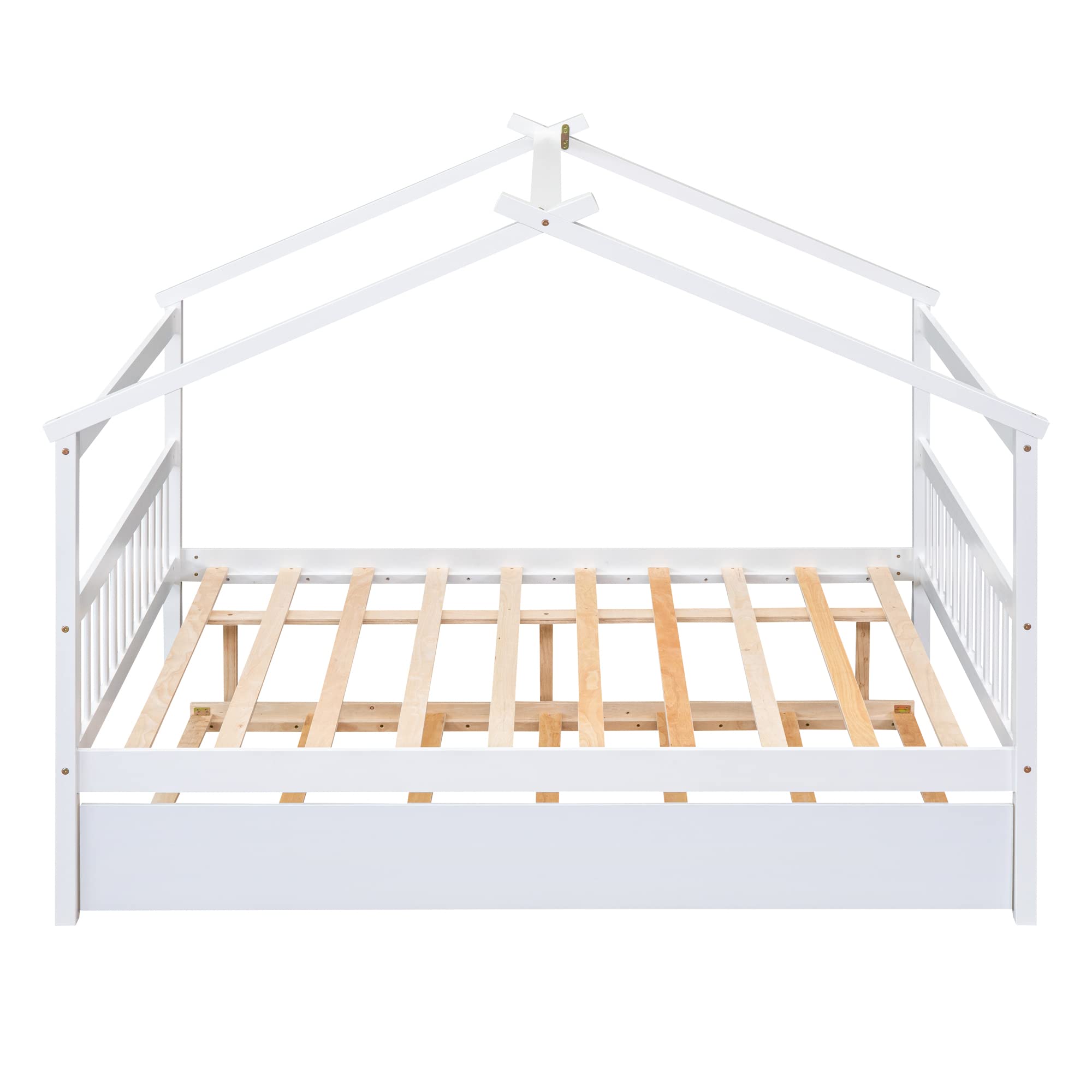 Bellemave Full Size House Bed with Twin Trundle - White Wooden Playhouse Bed with Roof for Kids' Bedroom, Nursery, or Playroom - Fun and Functional Children's Furniture