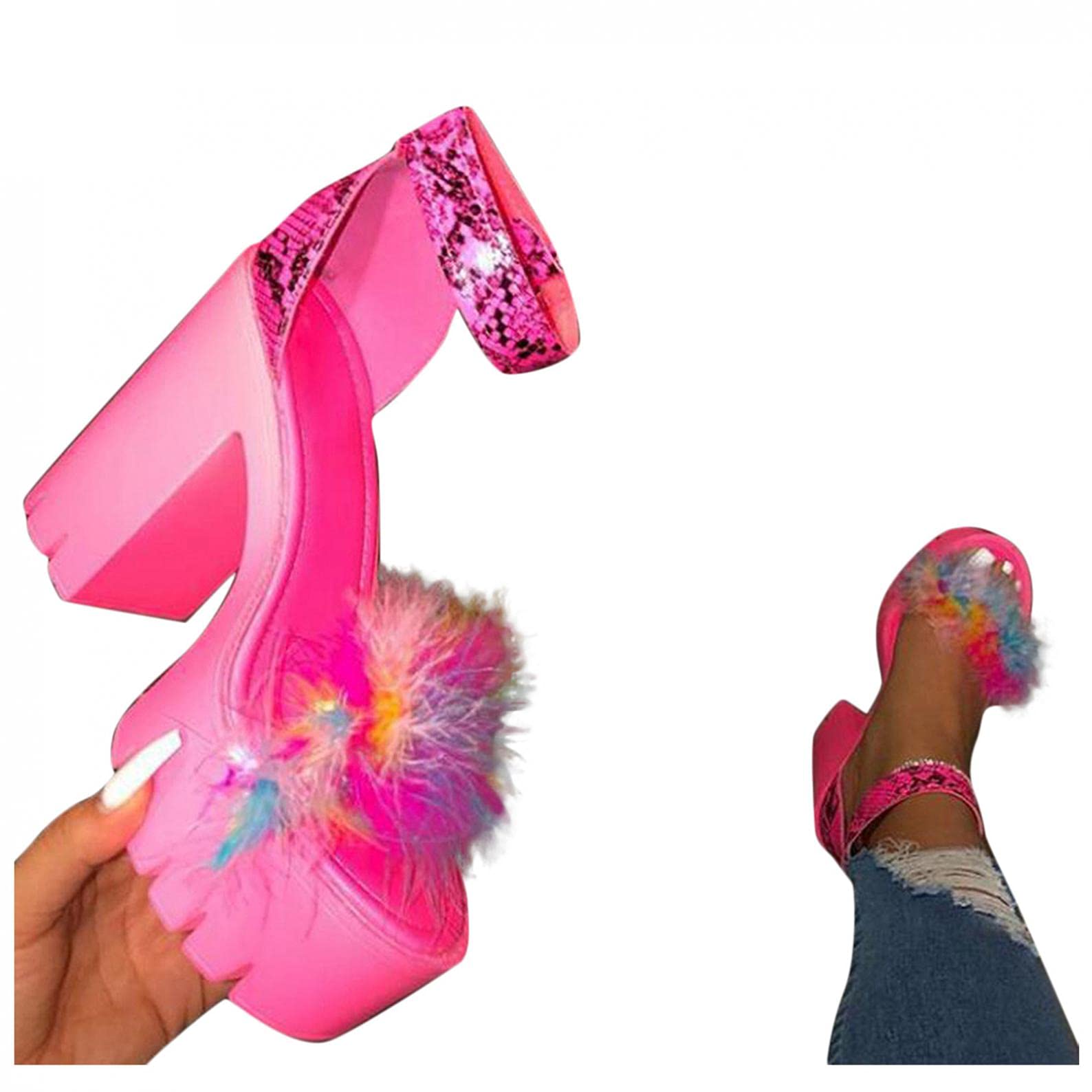 AIHOU Women's Fuzzy Chunky Heel Wedge Sandals - Fashionable Sexy High Heels for Wedding, Party & Dressy Occasions | Comfortable Platform Sandals for Summer Outfits & Evening Events