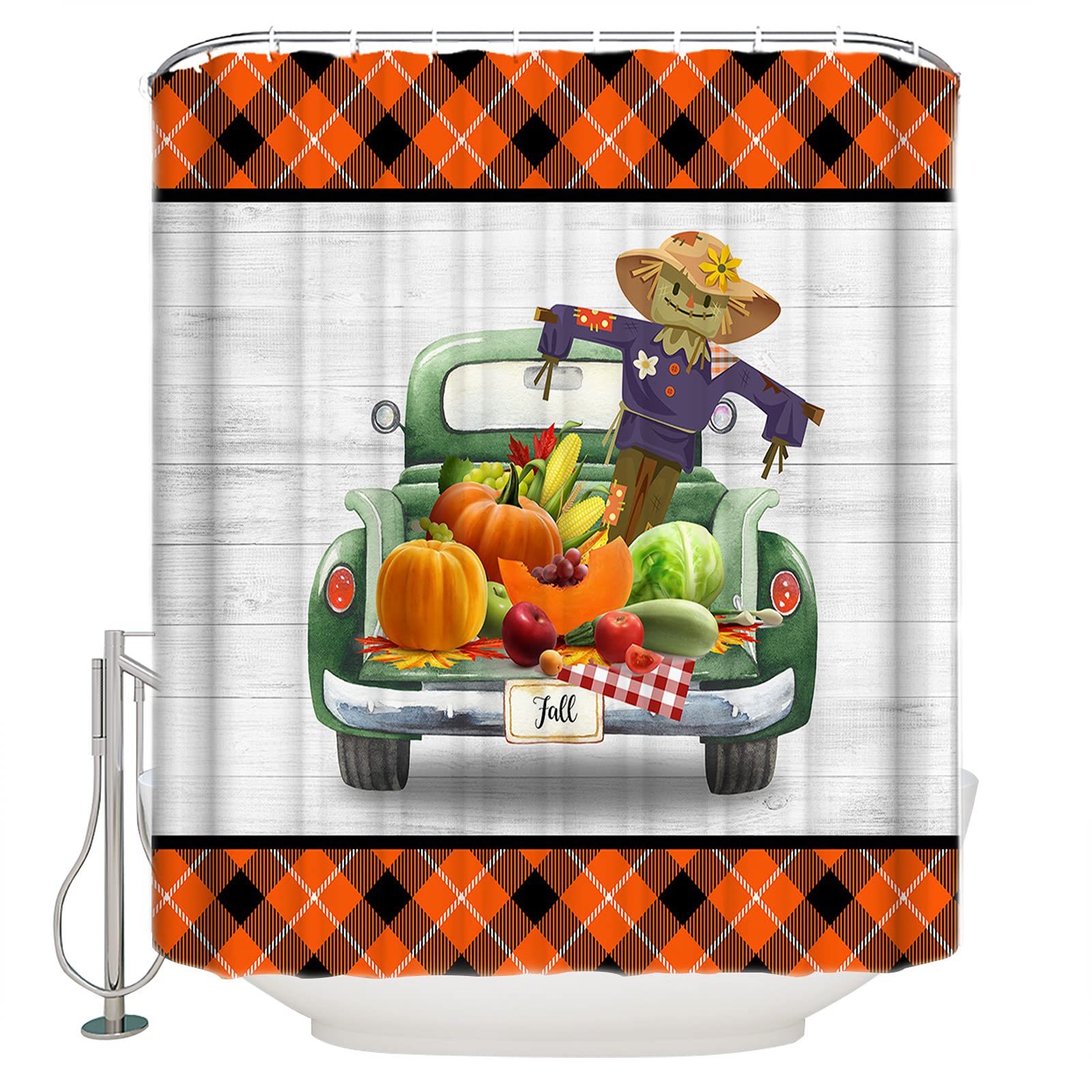 Rustic Scarecrow Truck Retro Wood Grain Plaid Waterproof Shower Curtain Set - Machine Washable Bath Curtain with Hooks 72x78 Inch for Farmhouse & Vintage Style Bathroom Decor