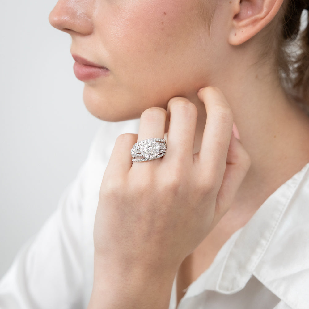 14K White Gold 1.95 Carat Diamond Halo Bridal 3-Piece Wedding Ring Set with Brilliant Cut Diamonds | Engagement, Proposal & Anniversary Gift for Her