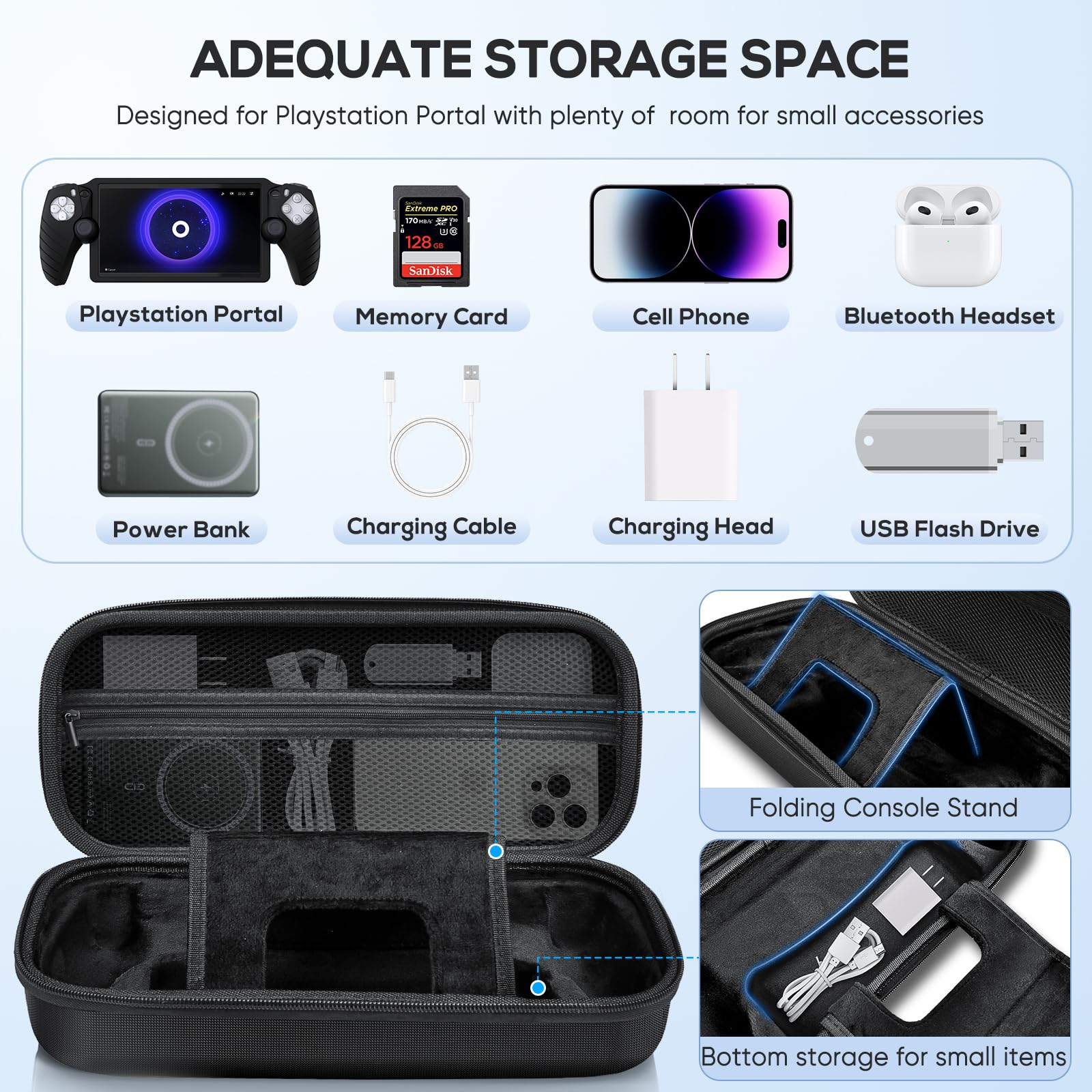KINWIN 8-in-1 Accessories Bundle for PS5 Portal - EVA Carrying Case, Silicone Cover, 2 Screen Protectors & 4 Thumb Grips | Perfect for Travel Protection & Enhanced Gaming Experience on PlayStation Portal