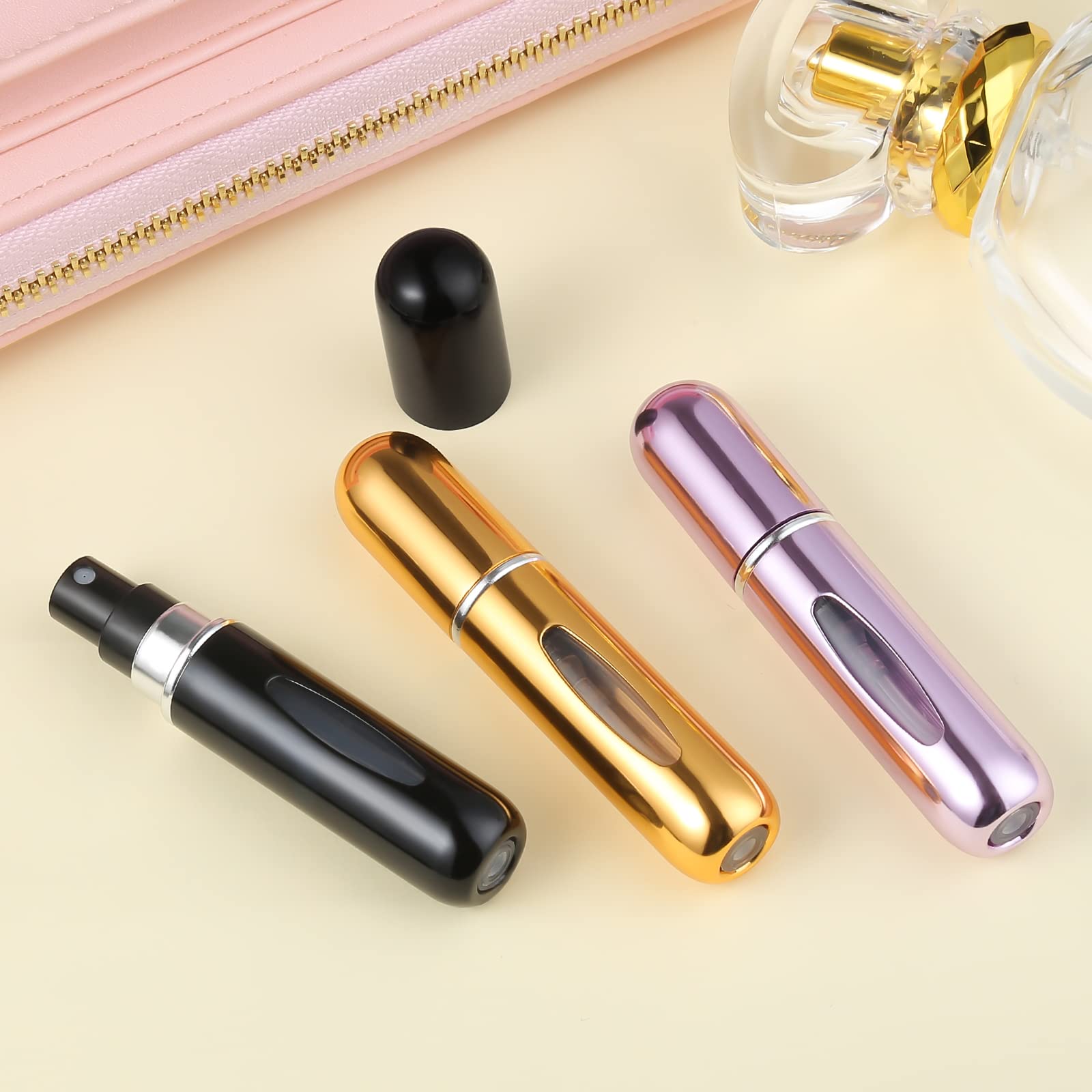 Refillable 5ml Aluminum Travel Perfume Bottle - Mini Cologne & Fragrance Atomizer Spray for Men & Women (Pink) - Perfect for Airplane Carry-on, Gym Bag & Purse Essentials