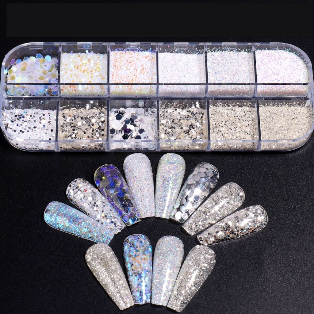 Silver Glitter Flakes & Holographic Sequins Nail Art Tray - DIY Manicure Kit for Nail Decoration, Salon & Home Use - Perfect for Nail Artists & DIY Enthusiasts