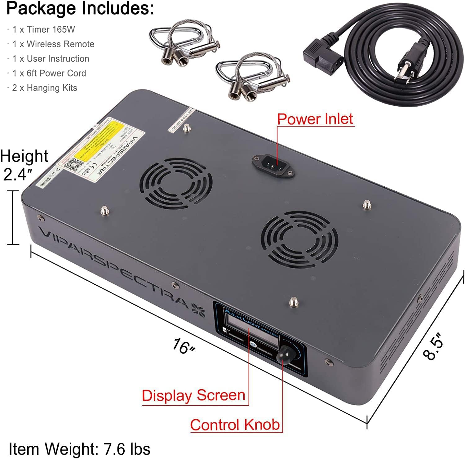 VIPARSPECTRA 165W Dimmable Full Spectrum LED Aquarium Light for Coral Reef & Saltwater Fish Tanks - Remote Control, Timer, Auto On/Off, Adjustable Blue/White Channels (0-100%) - Perfect for Marine Coral Growth & Fish Tank Lighting