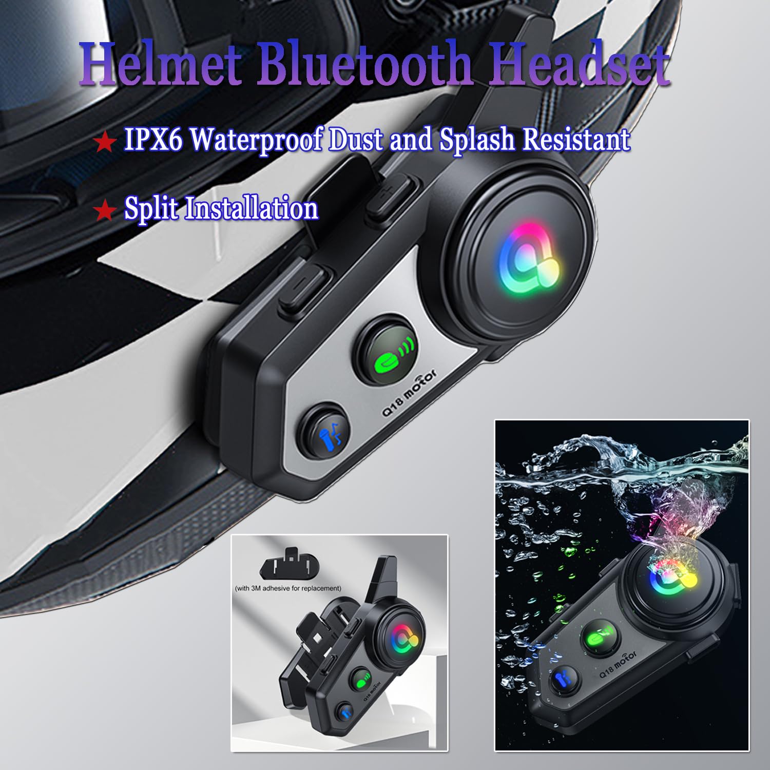 Q18 Motorcycle Bluetooth Headset - 2 Pack Motorbike Intercom with Music Sharing, 1000m Range for 2 Riders, HiFi Stereo Sound, CVC Noise Cancellation & Auto Answer - Perfect for Group Riding, Road Trips and Hands-Free Communication