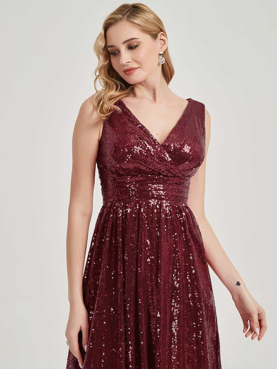 Elegant Burgundy V-Neck Sleeveless Empire Waist Sequin Maxi Dress for Bridesmaids - Perfect for Weddings, Proms & Formal Evening Events