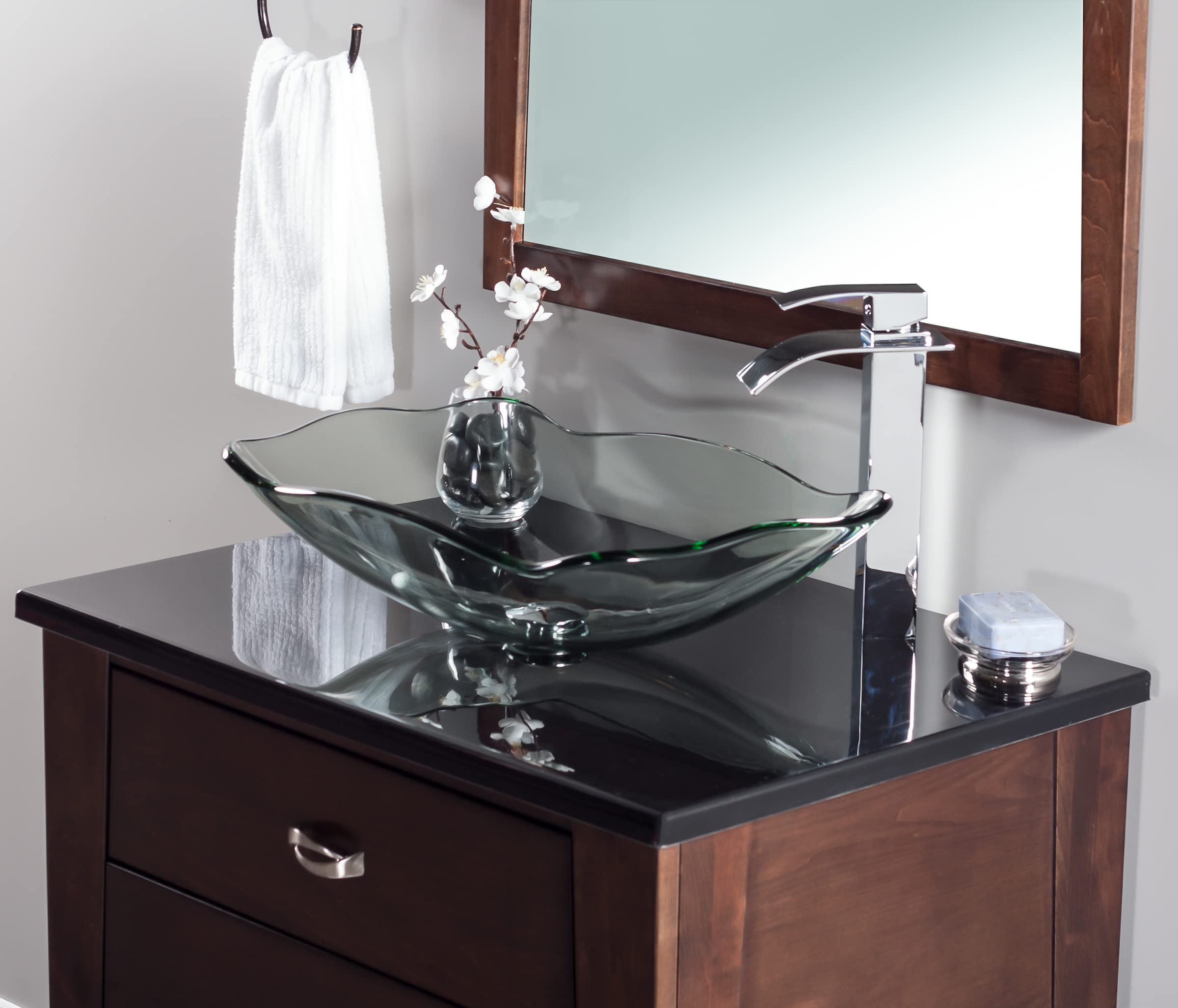Novatto TIS-317C Elegant Glass Vessel Bathroom Sink - Modern Above Counter Basin for Powder Room, Master Bath & Guest Bathroom Vanity Installation