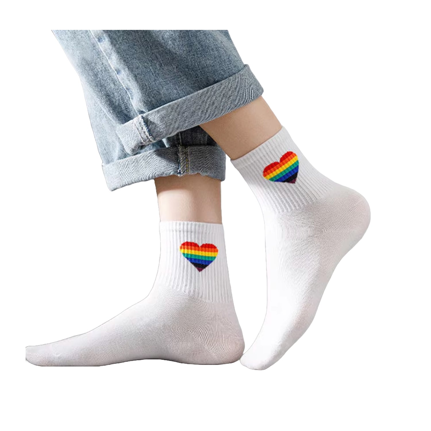 FLOOF Pride Heart Crew Socks - White LGBTQ+ Support Socks for Everyday Wear & Pride Events