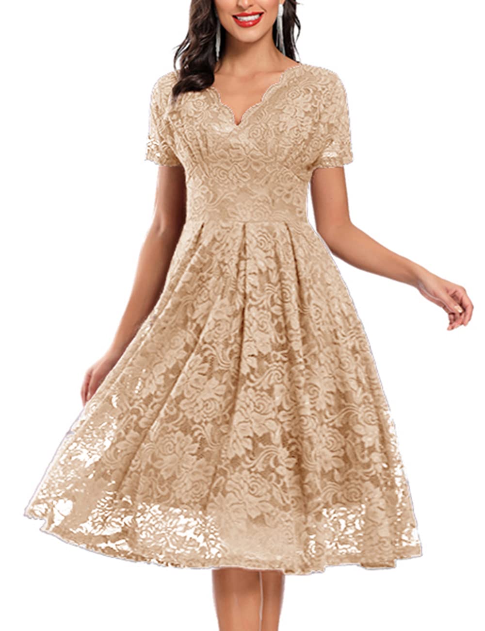 Vintage Floral Lace Cocktail Party Dress for Women - Fit and Flare Prom Dress, Midi Length Formal Dress for Evening Parties, Weddings, and Special Occasions
