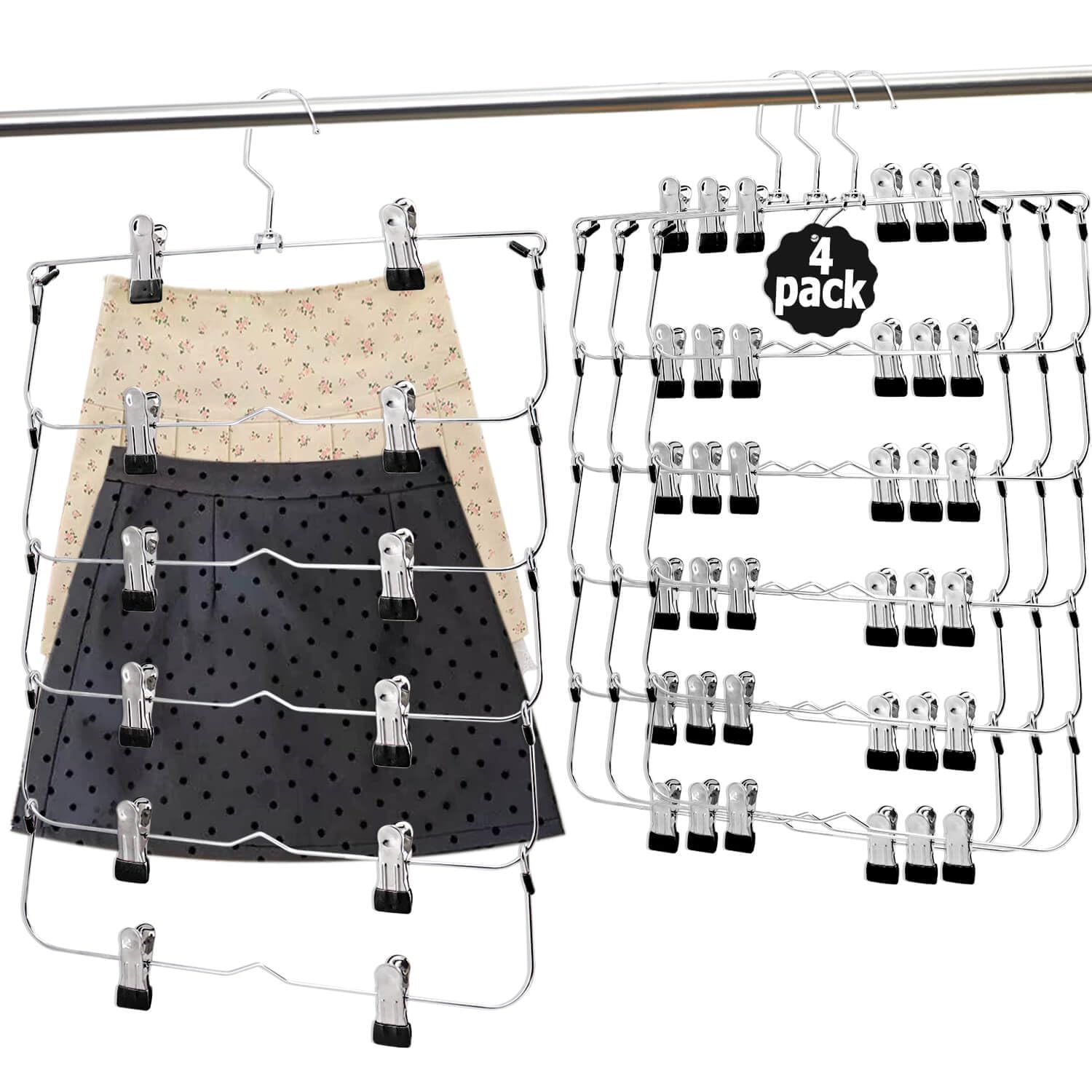 6-Tier Metal Skirt & Pants Hangers with Non-Slip Clips - Space Saving Closet Organizer for Shorts, Skirts & Clothes Storage (Black, 4-Pack) - Perfect for Wardrobe Organization & Small Closet Spaces