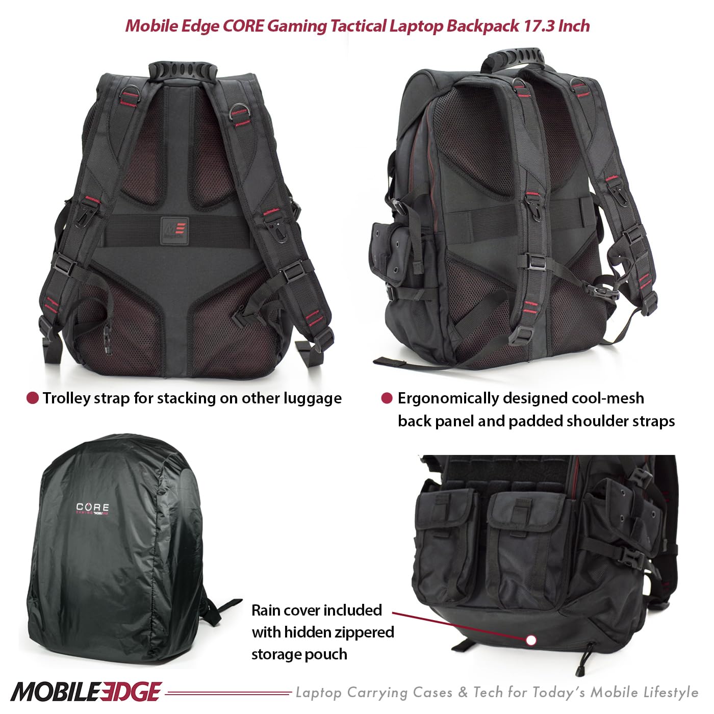 Core Gaming Tactical Backpack for Men & Women - 17 Inch Laptop Travel Backpack with Water-Resistant Cover - Durable Computer Gear Bag for Work, School & Travel - Large Black Backpack for Gamers & Professionals