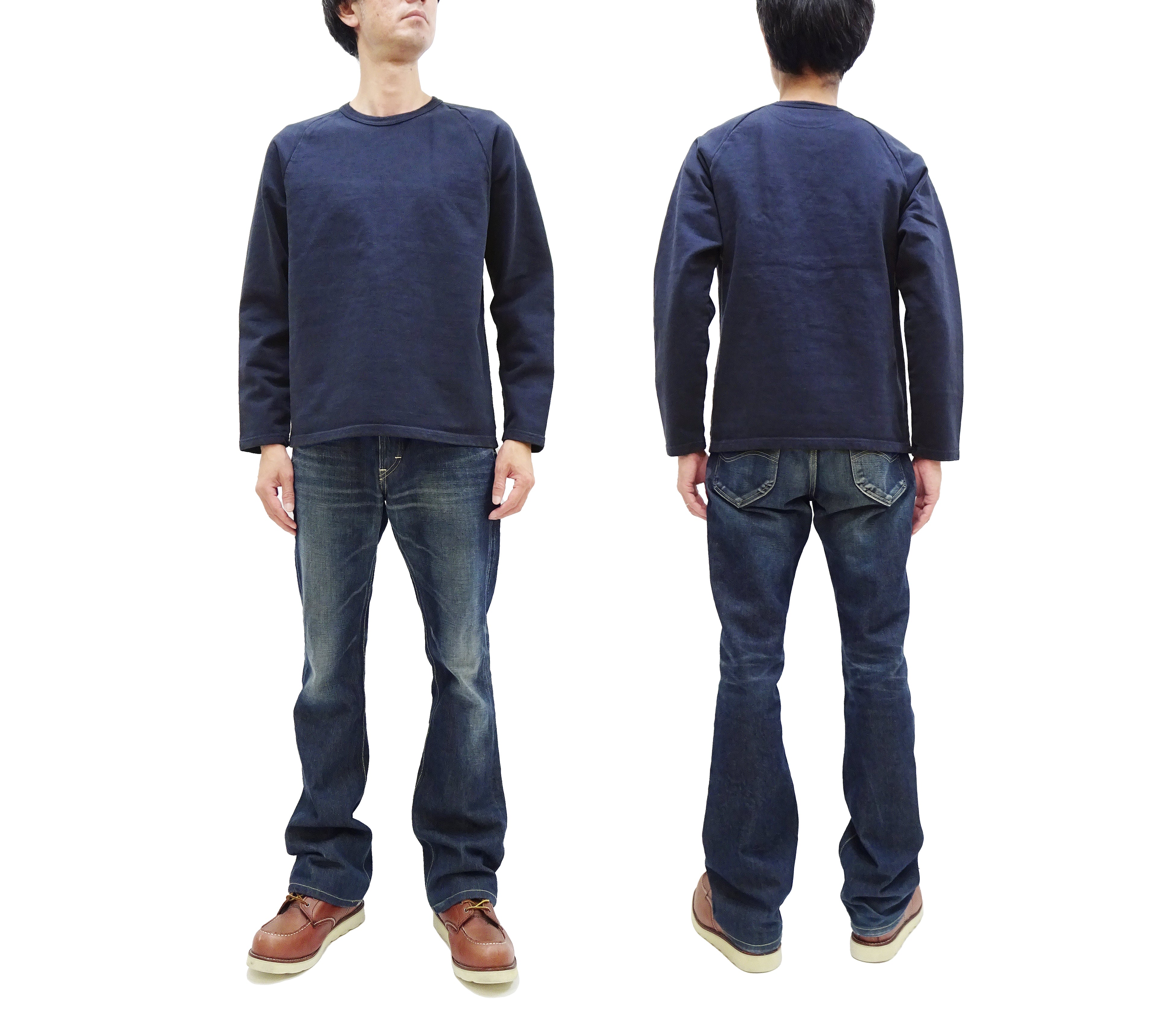 Japan Blue Jeans Men's Long Sleeve French Terry T-Shirt - Casual Plain Crew Neck Raglan Sleeve Inlay Shirt JBKN1001 Navy Blue - Perfect for Everyday Wear & Street Style Outfits