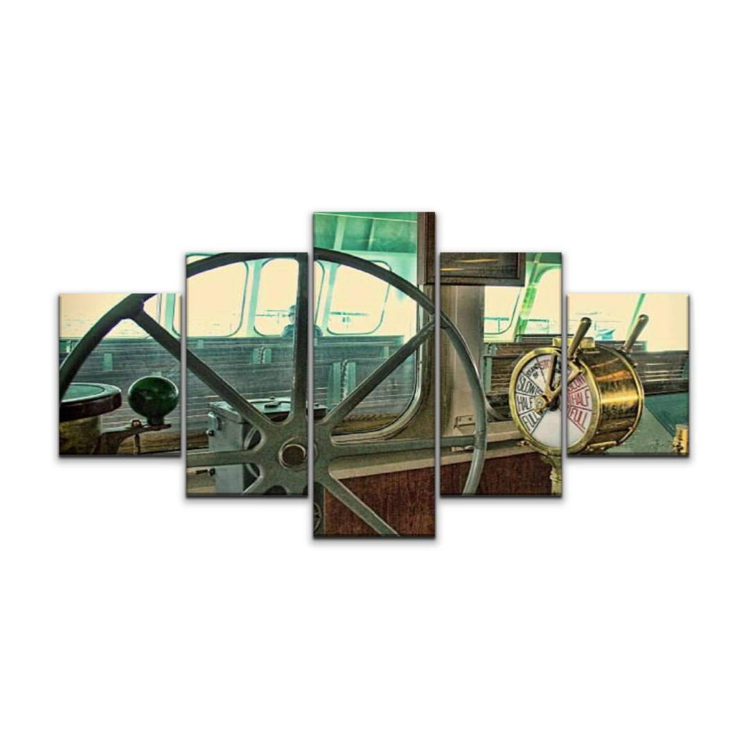 Vintage Ship Helm Steering Wheel Canvas Art - 5 Panel Large Wall Decor Paintings for Living Room, Bedroom & Office | Ready to Hang Home Decor Gift | Nautical Theme Marine Prints