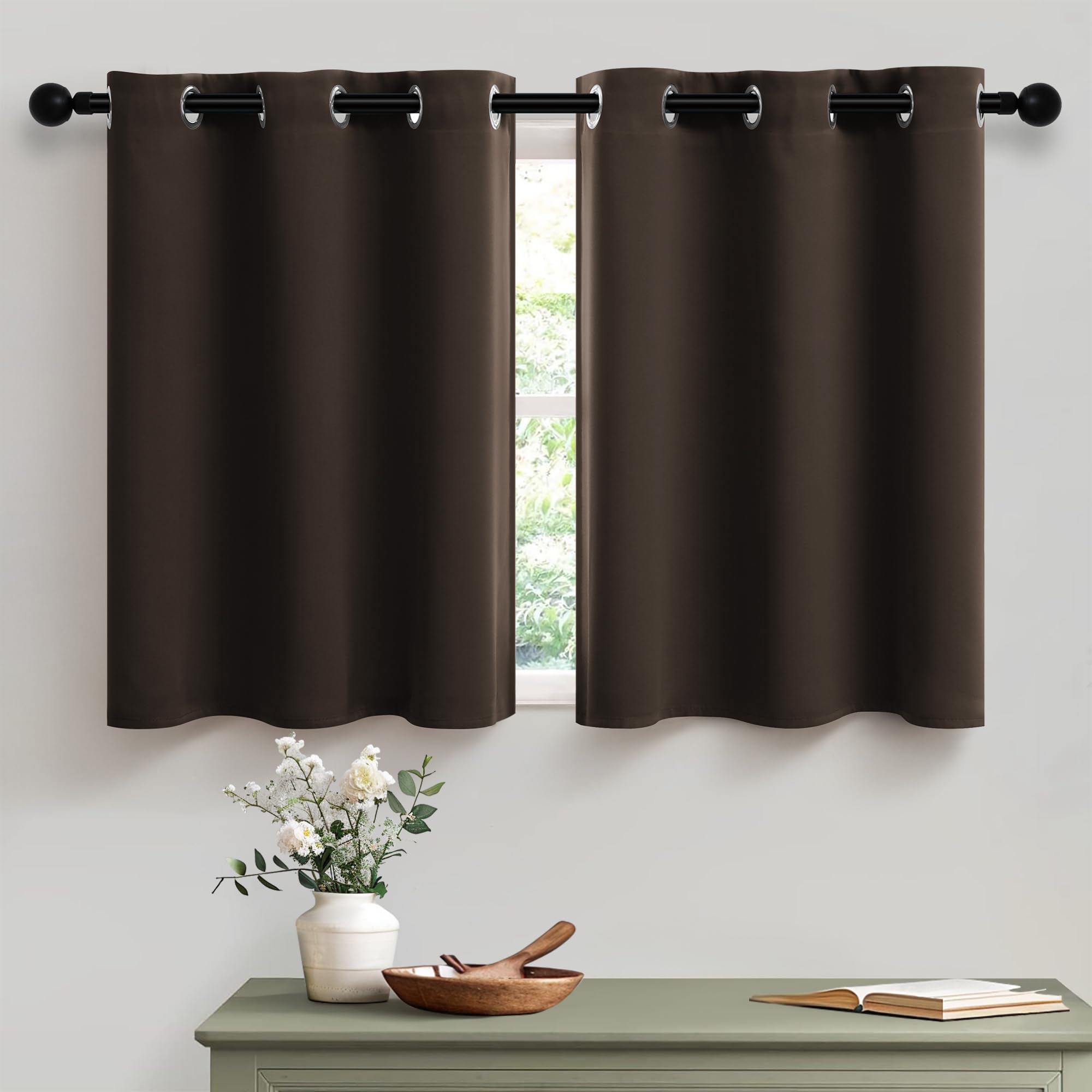Chocolate Brown Blackout Curtains 30 Inch Length - Grommet Top Window Panels for Small Windows, Camper, Bathroom, Bedroom & Kitchen - 34