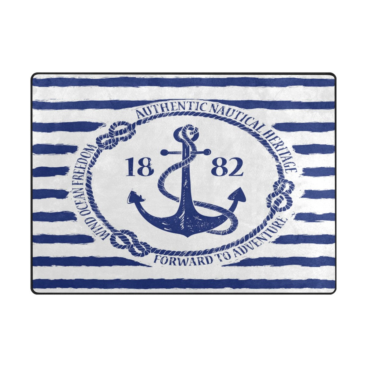 ALAZA Blue and White Nautical Anchor Striped Area Rug 5'3