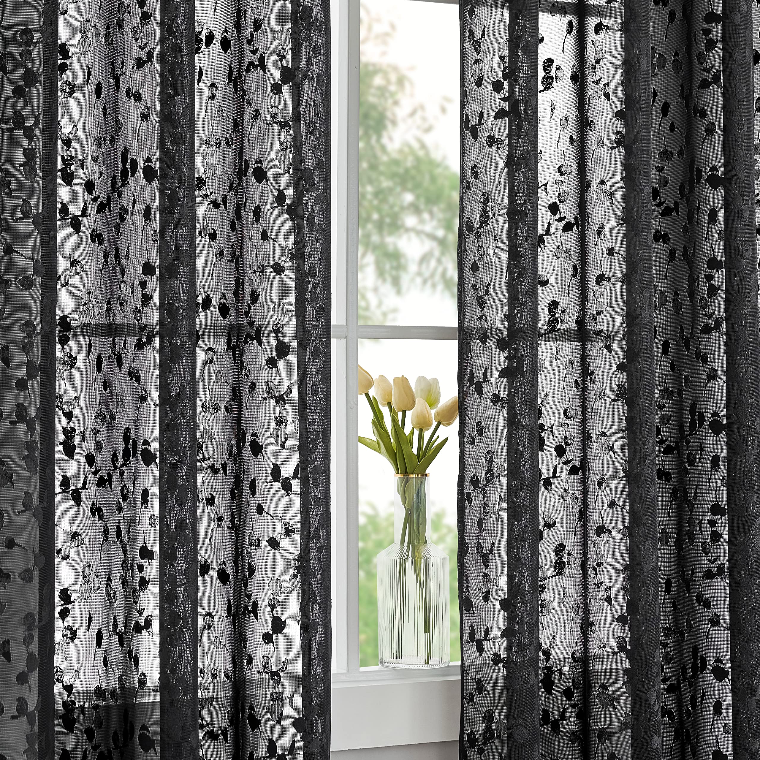 Jubilantex Black Lace Sheer Curtains with Leaf Buds Embroidery - 52x84 Inch Light Filtering Window Drapes for Bedroom & Living Room | Rod Pocket Design, Elegant Home Decor for French Windows & Cozy Spaces