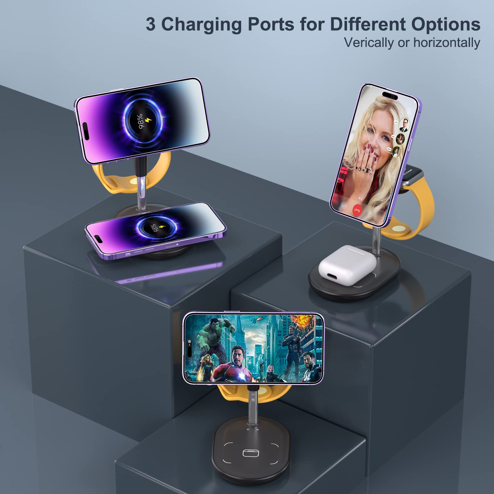 3-in-1 Magnetic Wireless Charging Station for iPhone 15/14/13/12 Pro Max/Plus/Pro, Apple Watch & AirPods - Fast Qi-Certified MagSafe Charger Stand - Perfect Gift for Men & Women (Black) | Home Office & Nightstand Charging Solution