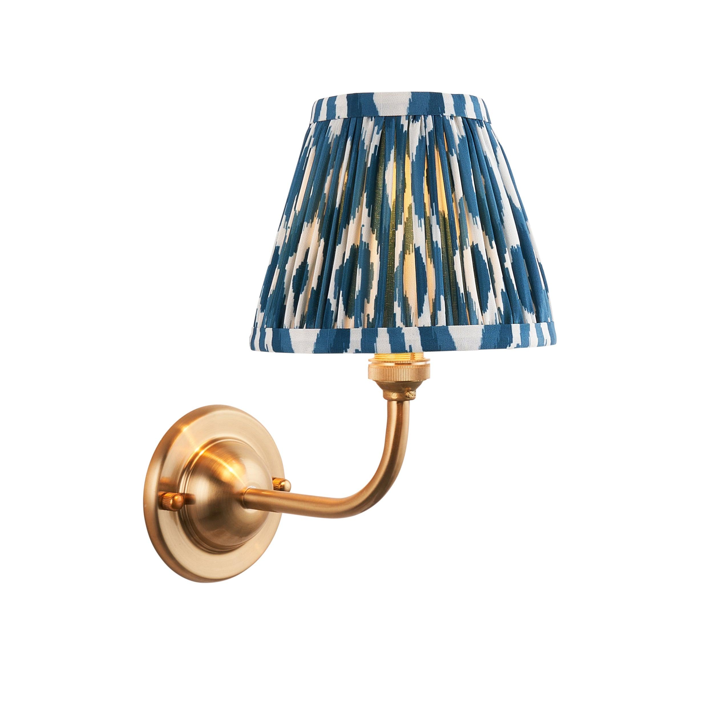 Brass Wall Light with Dome Arc Design & 16cm Ikat Marlin Blue Shade - Perfect for Bedroom, Living Room, and Hallway Lighting Decor