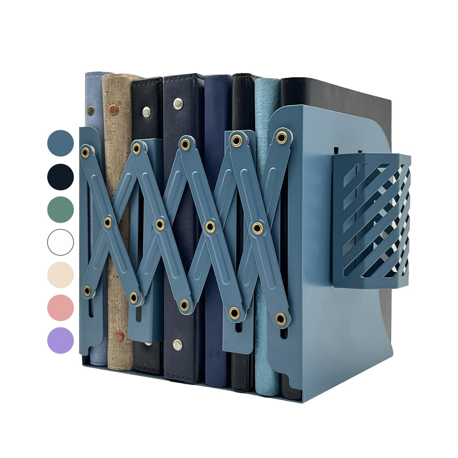 Kingsmile Metal Bookends for Shelves - Heavy Duty Book Stoppers for Kids Room, Home, Office, Classroom & Library - Includes Removable Pen Holder (Blue) | Perfect for Organizing Textbooks, Novels & Office Documents